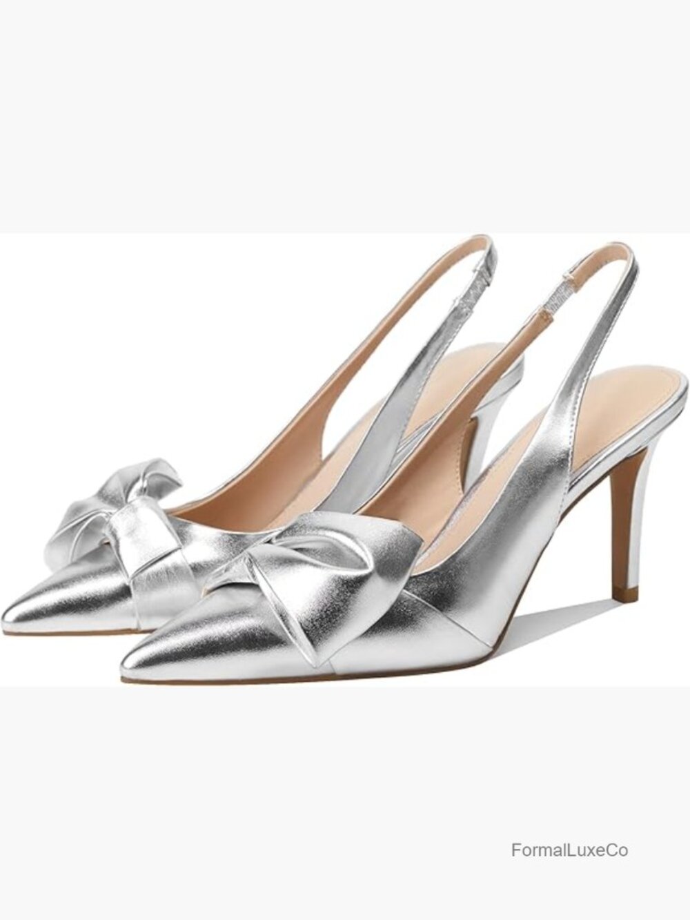 Slingback Heels with Bow Pointed Toe Pumps Elasticated Strap 3.3" Stiletto Heel